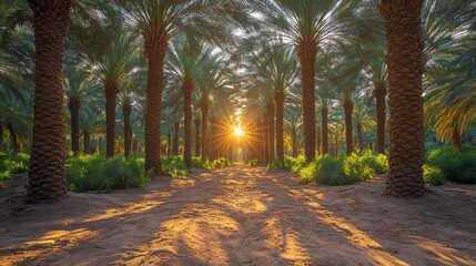 Obraz premium Sunrise illuminates a path through a lush date palm grove.