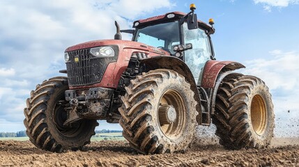 Obraz premium Powerful Red Tractor Operating on Farm Field with Dusty Soil and Blue Sky, Showcasing Agricultural Equipment in Action, Ideal for Rural and Farming Themes