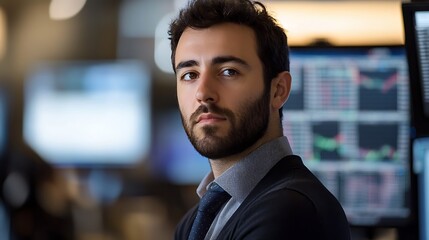 Obraz premium Focused Young Trader Intensely Observing Market Data: Close-Up Photo. AI Generated