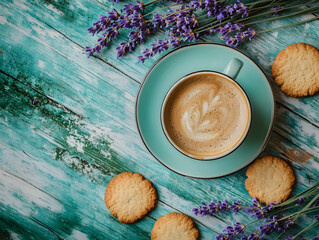 A cup of coffee with lavender and cookies on the table