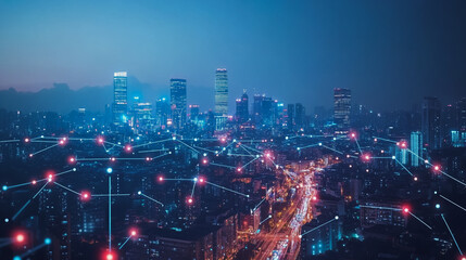 Obraz premium Smart digital Innovation city with connection network reciprocity over the cityscape. of future smart wireless city and social media networking systems that connects business people with in city