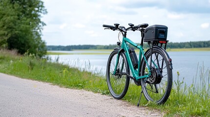Obraz premium Discover the joy of an electric bike trip, navigating through colorful landscapes and twisting roads, relishing the fresh air and sustainable travel, while discovering urban gems and stunning