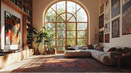 Bohemian-inspired living room with a large arched window, eclectic decor, and natural light illuminating the space