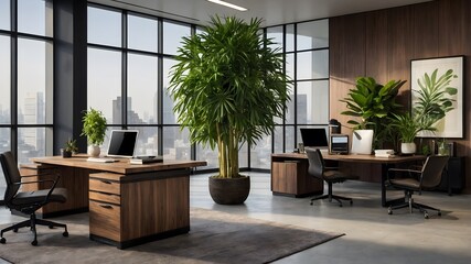 Fototapeta premium Modern Office Space with Broadleaf Lady Palm: Bringing Greenery to the Workspace