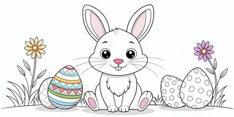 Adorable Easter Bunny Coloring Page: Cute Cartoon Rabbit for Kids, Black and White Illustration, Isolated