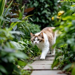 Cat exploring lush garden pathway nature close-up serenity