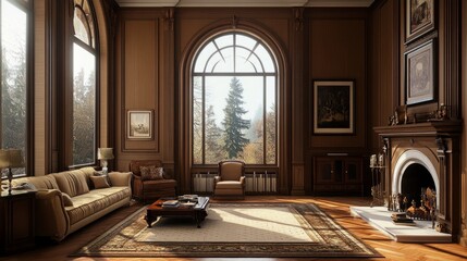 Fototapeta premium Classic living room design with a grand arched window, a fireplace, and vintage-inspired furnishings