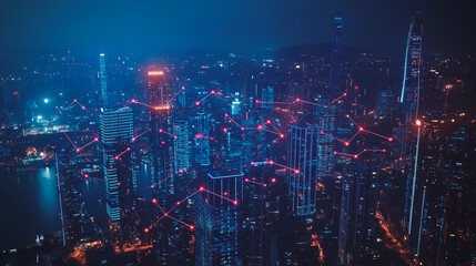 Naklejka premium Smart digital Innovation city with connection network reciprocity over the cityscape. of future smart wireless city and social media networking systems that connects business people with in city