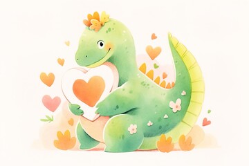 Obraz premium cute postcard cartoon green dinosaur hugging red heart