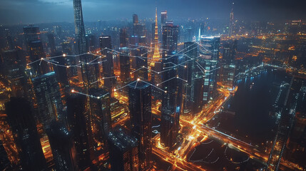 Obraz premium Smart digital Innovation city with connection network reciprocity over the cityscape. of future smart wireless city and social media networking systems that connects business people with in city