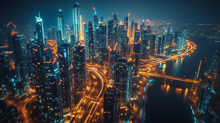Fototapeta premium Smart digital Innovation city with connection network reciprocity over the cityscape. of future smart wireless city and social media networking systems that connects business people with in city
