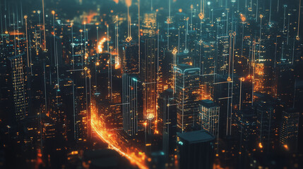 Smart digital Innovation city with connection network reciprocity over the cityscape. of future smart wireless city and social media networking systems that connects business people with in city