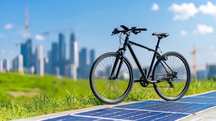 A bike path adjacent to the electric highway epitomizes the contemporary urban scene, showcasing eco-friendly travel with a stylish bicycle on a pristine path, underscoring sustainability.
