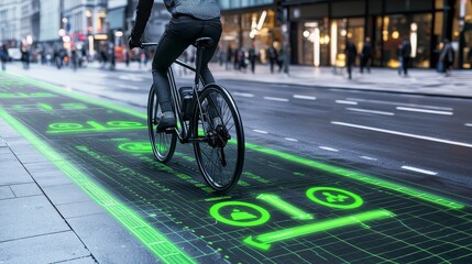 Alongside a modern urban highway, a bicycle path with a sleek bike and flourishing greenery illustrates a tranquil and eco-friendly scene within the bustling city.