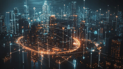 Obraz premium Smart digital Innovation city with connection network reciprocity over the cityscape. of future smart wireless city and social media networking systems that connects business people with in city