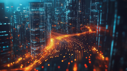 Fototapeta premium Smart digital Innovation city with connection network reciprocity over the cityscape. of future smart wireless city and social media networking systems that connects business people with in city