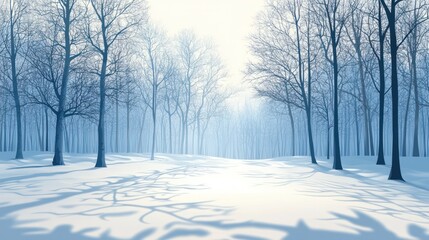 Obraz premium Sunlit winter forest path with snow and bare trees.