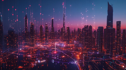 Obraz premium Smart digital Innovation city with connection network reciprocity over the cityscape. of future smart wireless city and social media networking systems that connects business people with in city