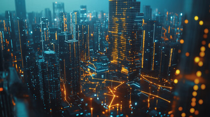 Smart digital Innovation city with connection network reciprocity over the cityscape. of future smart wireless city and social media networking systems that connects business people with in city
