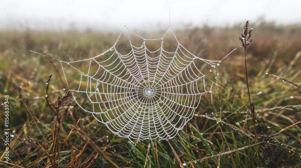 Wall mural minimalistic spider web with dew on it