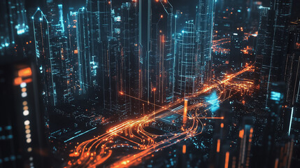 Obraz premium Smart digital Innovation city with connection network reciprocity over the cityscape. of future smart wireless city and social media networking systems that connects business people with in city