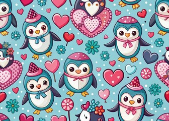 Naklejka premium Adorable Valentine's Day Penguin Seamless Pattern: Cute Romantic Winter Wildlife Background
