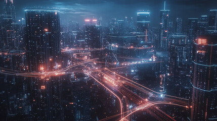 Fototapeta premium Smart digital Innovation city with connection network reciprocity over the cityscape. of future smart wireless city and social media networking systems that connects business people with in city