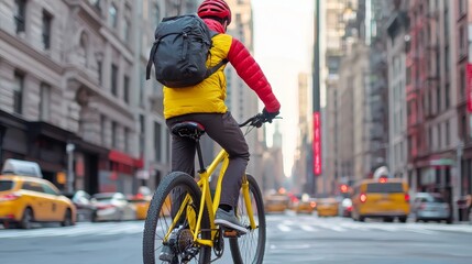 Fototapeta premium A cyclist delivering goods is navigating urban streets with a focus on sustainability.