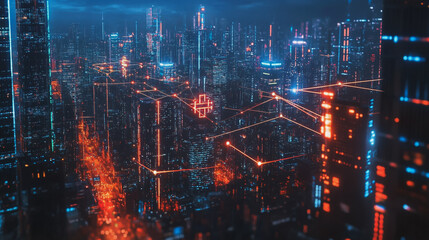 Fototapeta premium Smart digital Innovation city with connection network reciprocity over the cityscape. of future smart wireless city and social media networking systems that connects business people with in city