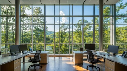 Modern workspace featuring open desks, creative breakout areas, and floor-to-ceiling windows overlooking nature