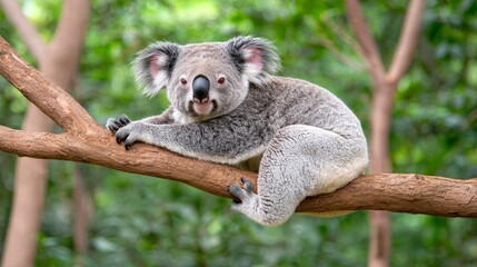 Fototapeta premium A charming koala bear perches on a tree branch, its tongue playfully out.