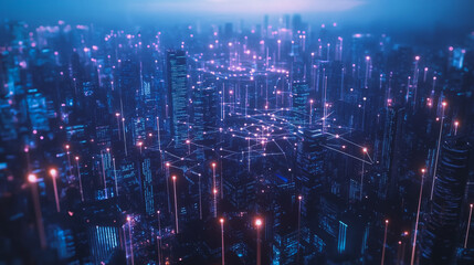 Obraz premium Smart digital Innovation city with connection network reciprocity over the cityscape. of future smart wireless city and social media networking systems that connects business people with in city