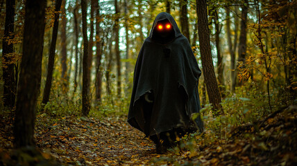 Naklejka premium Terrifying spectral figure with glowing eyes and ethereal cloak walks through an abandoned forest. Horror, ghost.
