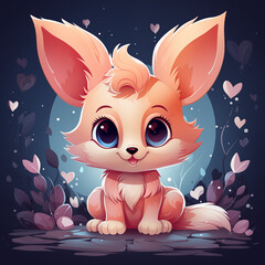 Adorable cartoon fennec fox in a whimsical heart-filled setting