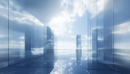 Stunning high-resolution photograph of a modern glass building set against a vibrant sky background. Captured in a cinematic style, showcasing sleek architecture and reflective surfaces