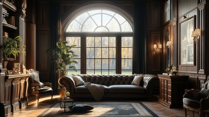 Fototapeta premium Sophisticated living room featuring dark wood accents, rich fabrics, and an elegant arched window