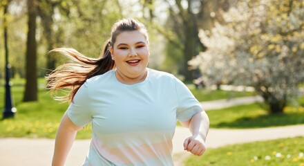 Joyful young caucasian female jogging in a lush spring park for fitness and wellbeing