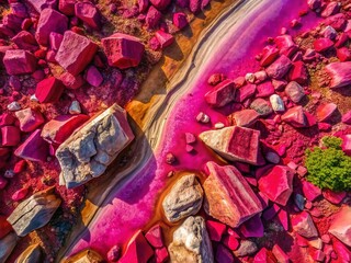 Fototapeta premium Aerial Drone Shot of Rhodonite Gemstone Mine, Vibrant Pink Mineral Crystals