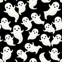 Ghostly Fun: Adorable white ghosts float on a black background, creating a spooky, yet playful pattern perfect for Halloween decorations, festive crafts, and whimsical designs. 