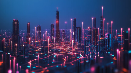 Obraz premium Smart digital Innovation city with connection network reciprocity over the cityscape. of future smart wireless city and social media networking systems that connects business people with in city