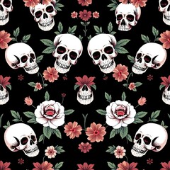 Floral Skulls Seamless Pattern: A hauntingly beautiful and vibrant seamless pattern featuring skulls adorned with blooming roses and delicate flowers, against a dark background.
