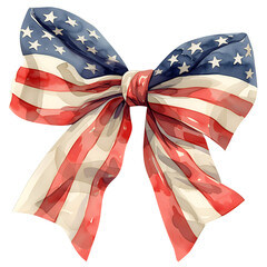 Patriotic USA ribbon bow with stars and stripes. Watercolor clip art of American flag design in coquette style. Isolated clipart design element on transparent background