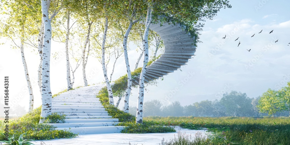 Poster White staircase is in a field with trees
