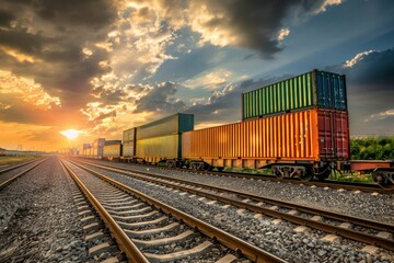 Fototapeta premium Cargo Train at Sunset on Railway Tracks