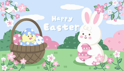 Happy Easter banner. Fashionable Easter design hand drawn with strokes and dots, cute cartoon eggs and Easter bunny with chicken with eggs in a basket. in pastel colors.  Greeting card