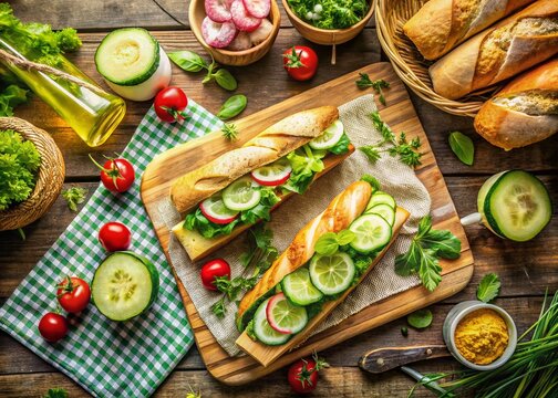 Aerial View: Fresh Cucumber Slices, Baguette, & Sandwiches Picnic