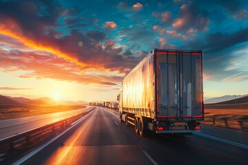 Obraz premium Lorry Speeding Down Highway at Vibrant Sunset