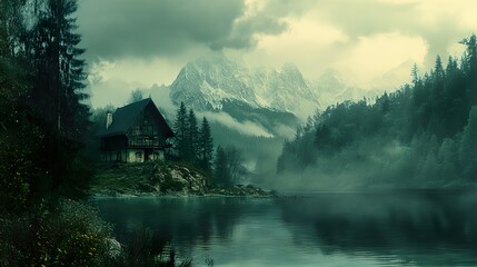 Fototapeta premium Misty Mountain Lake Cabin: A Serene Landscape