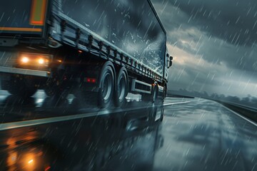 Fototapeta premium Nighttime Driving on Rainy Highway with Lorry
