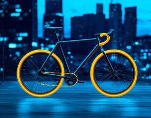 Fototapeta premium A smooth electric bicycle with radiant energy lines floats against a backdrop of a futuristic city skyline, representing sustainable urban mobility.